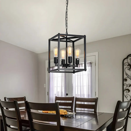 Square Black Metal Dining Room Edison Bulb Chandelier Image - 2