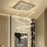 Square Chrome Crystal LED Remote Long Foyer Chandelier Image - 1