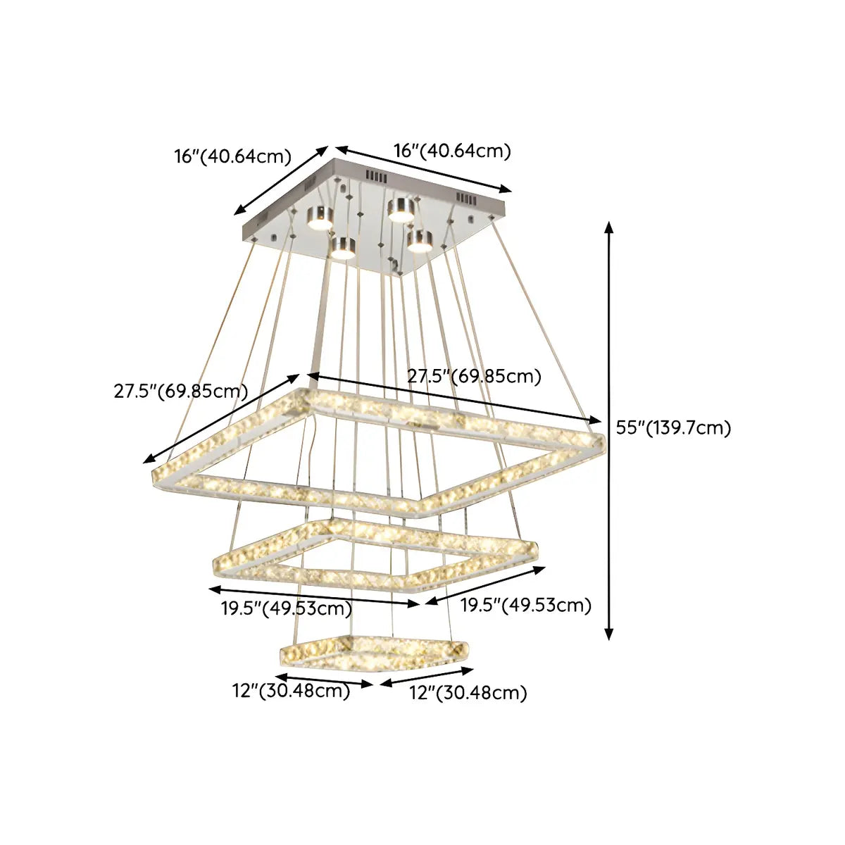 Square Chrome Crystal LED Remote Long Foyer Chandelier Image - 12