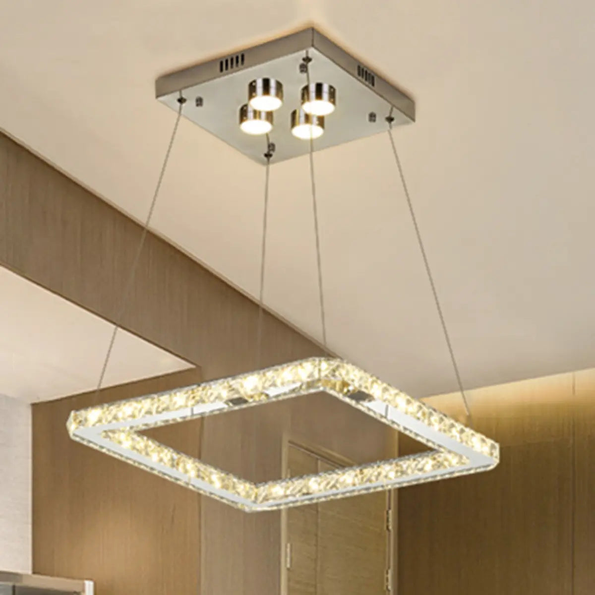 Square Chrome Crystal LED Remote Long Foyer Chandelier Image - 2