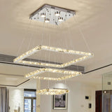 Square Chrome Crystal LED Remote Long Foyer Chandelier Image - 3