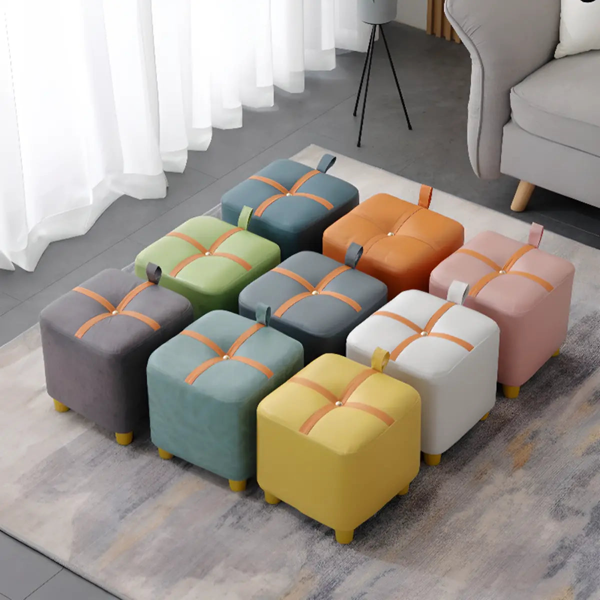 Square Faux Leather Seating Small Sponge Ottomans Image - 6