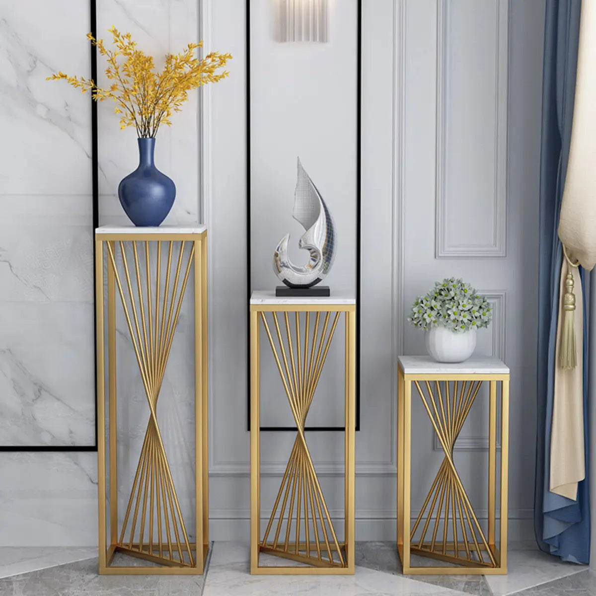 Square Faux Marble Indoor Gold Metal Base Plant Stand Image - 8