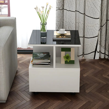 Square Glass and Wood Base White Shelved Side Table Image - 1