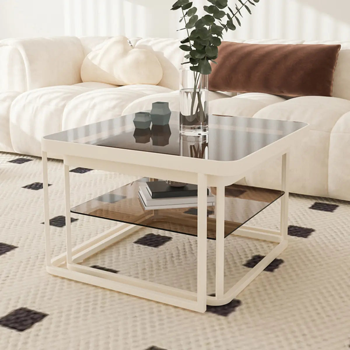 Square Glass Beige Iron Frame Shelves Coffee Table Image - 1