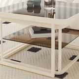 Square Glass Beige Iron Frame Shelves Coffee Table Image - 12