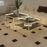 Square Glass Beige Iron Frame Shelves Coffee Table Image - 5