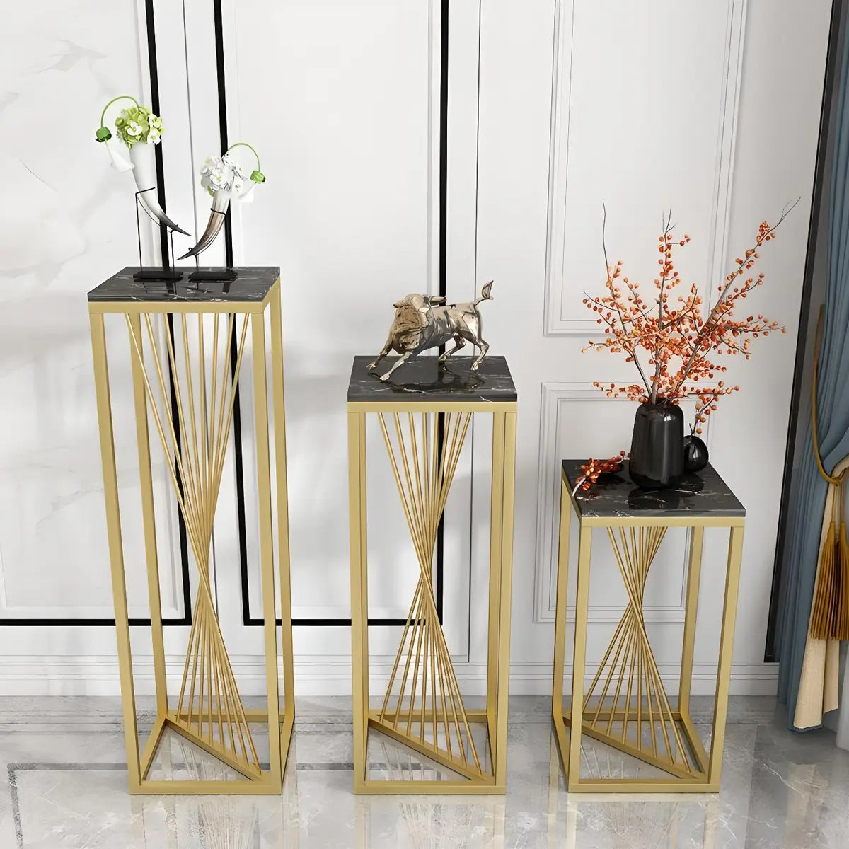 Square Gold Metal Frame Display Table Plant Stand Black Image - 4