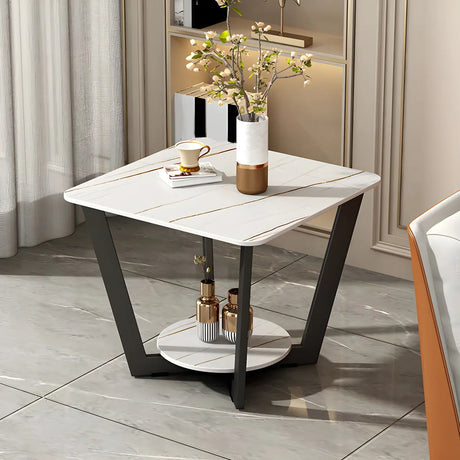 Square Marble White Storage Cross Legs End Table with Shelf Image - 1