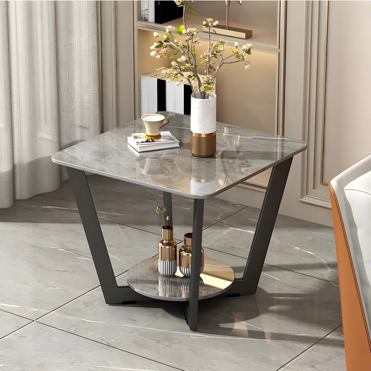 Square Marble White Storage Cross Legs End Table with Shelf Image - 7