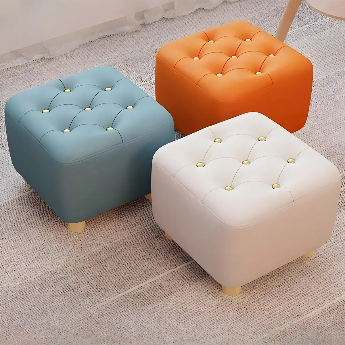 Square Nailheads Faux Leather Footrest Mini Ottoman Seat Image - 1