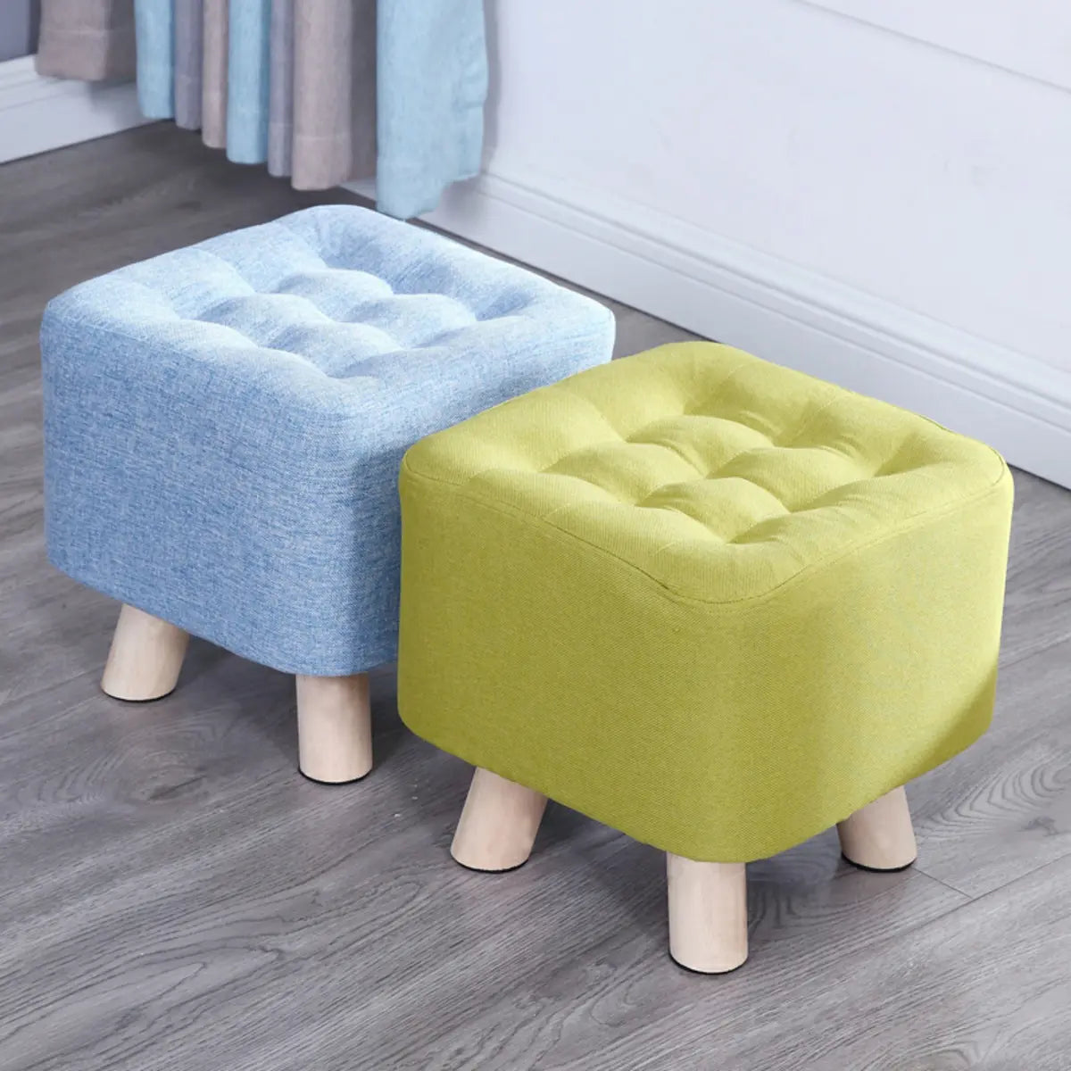 Square Natural Wooden Legs Cotton Footstool Ottoman Image - 1