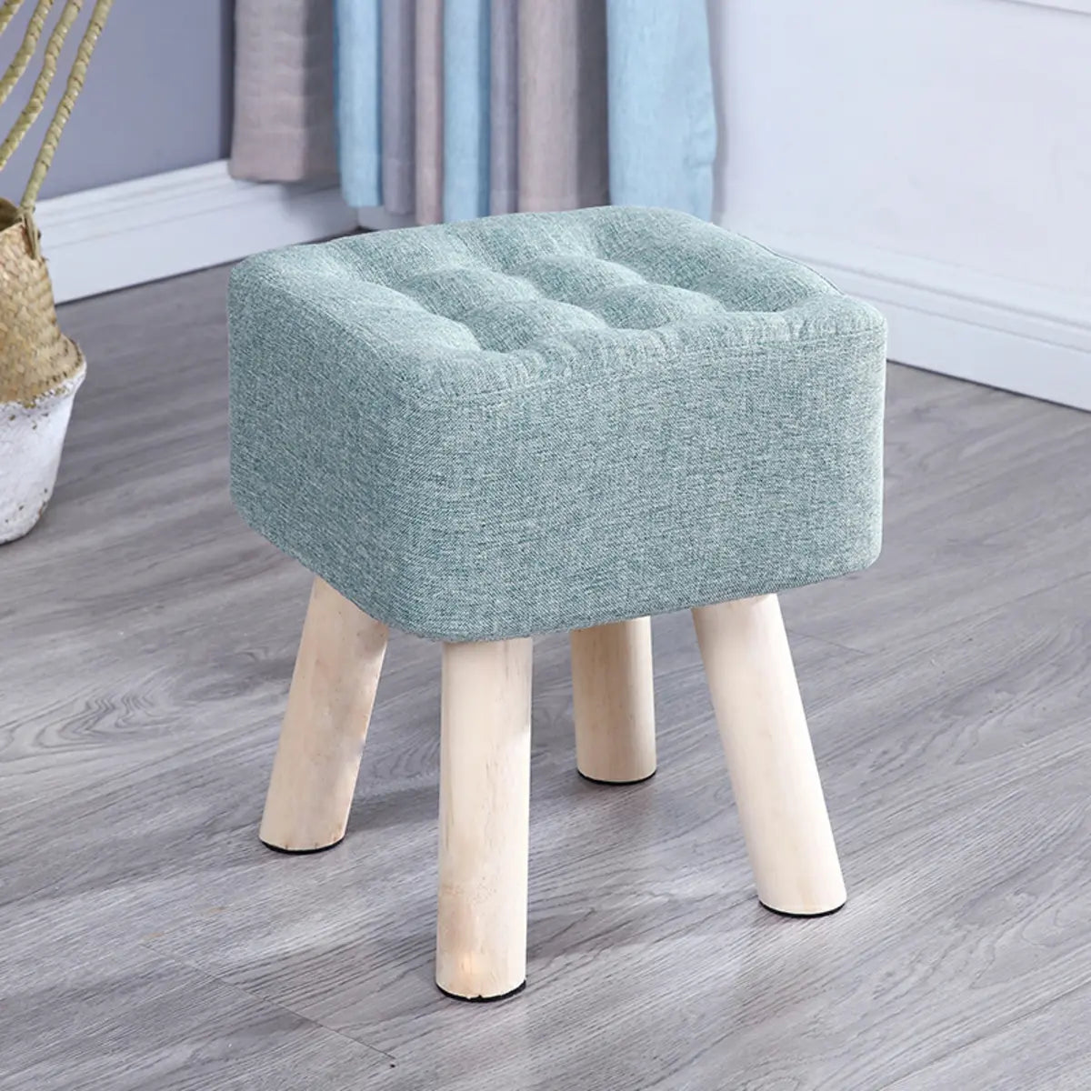 Square Natural Wooden Legs Cotton Footstool Ottoman Image - 12