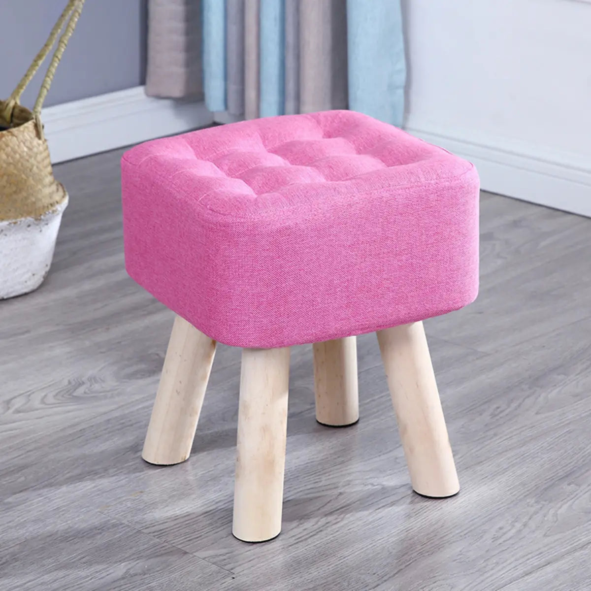 Square Natural Wooden Legs Cotton Footstool Ottoman Image - 15