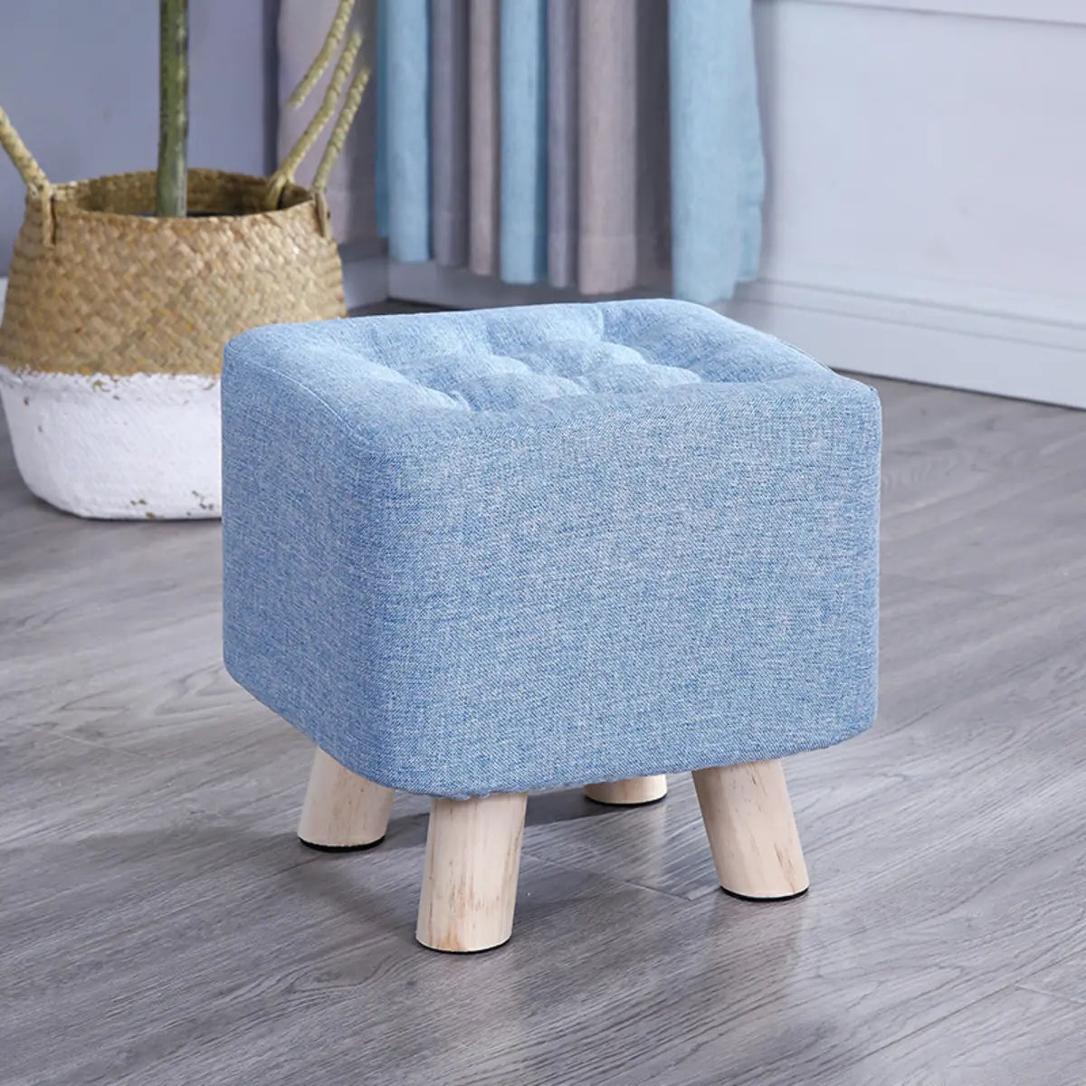 Square Natural Wooden Legs Cotton Footstool Ottoman Image - 19