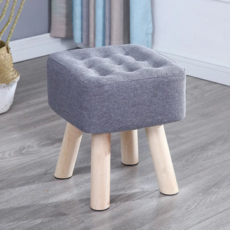 Square Natural Wooden Legs Cotton Footstool Ottoman Image - 2