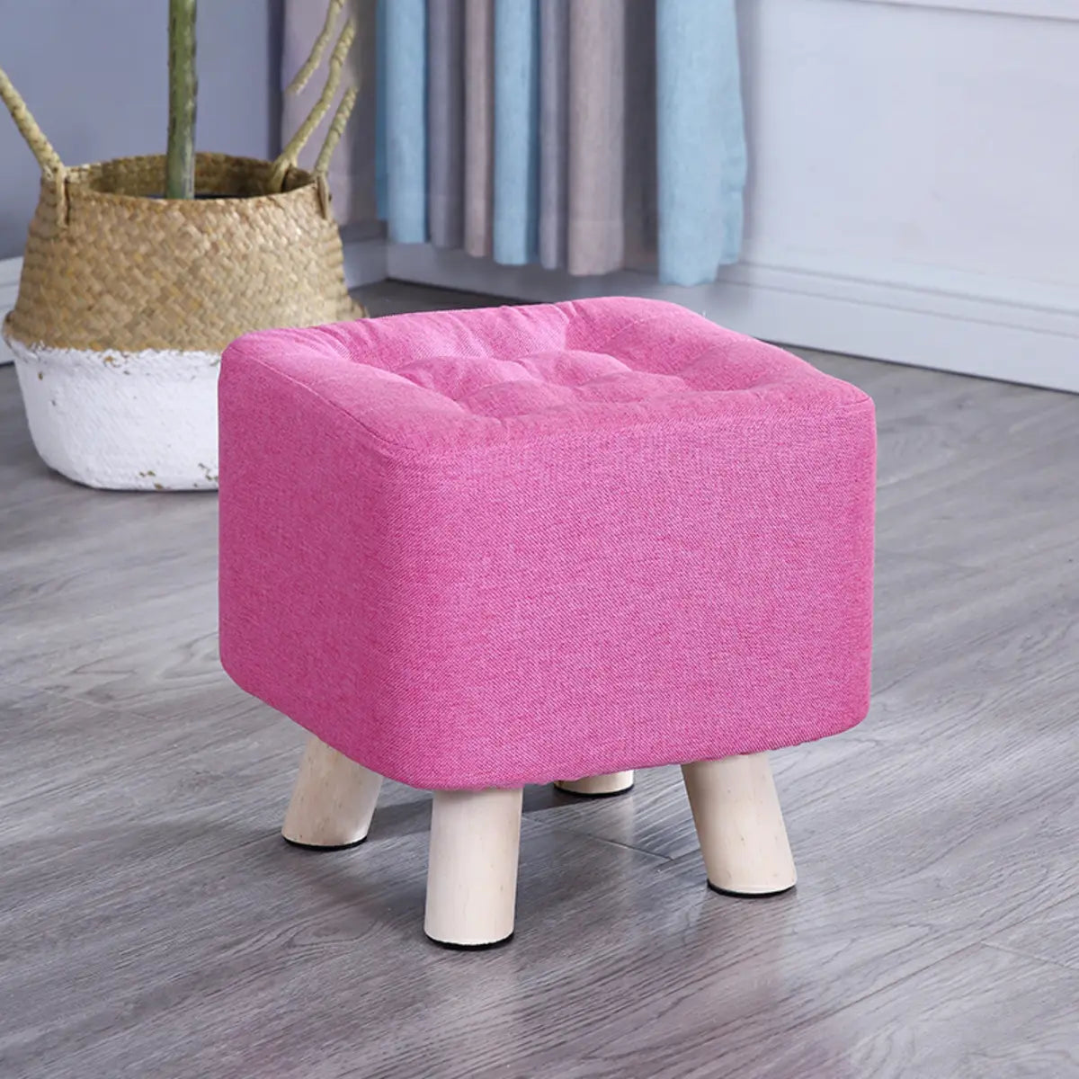 Square Natural Wooden Legs Cotton Footstool Ottoman Image - 24