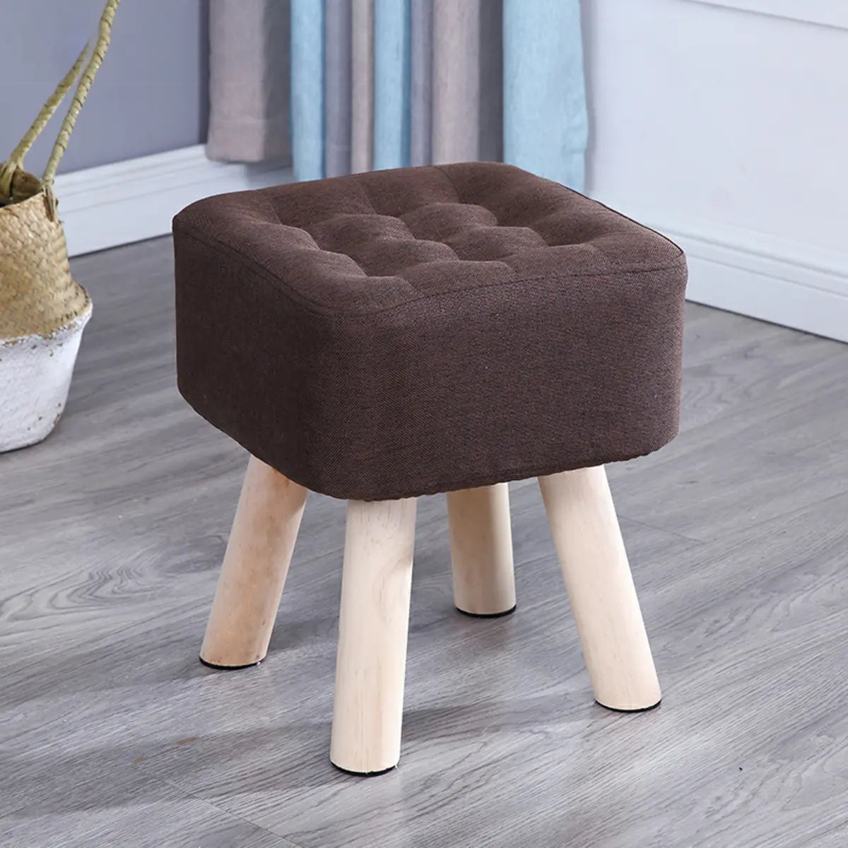 Square Natural Wooden Legs Cotton Footstool Ottoman Image - 4