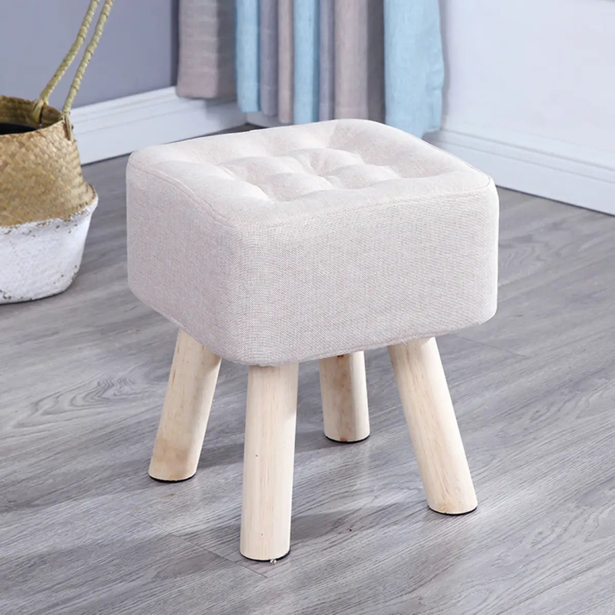 Square Natural Wooden Legs Cotton Footstool Ottoman Image - 9