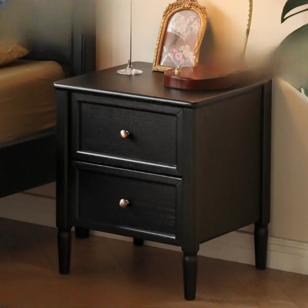 Square Oak wood Black 2-Drawer Bedside Cabinet with Legs Image - 1