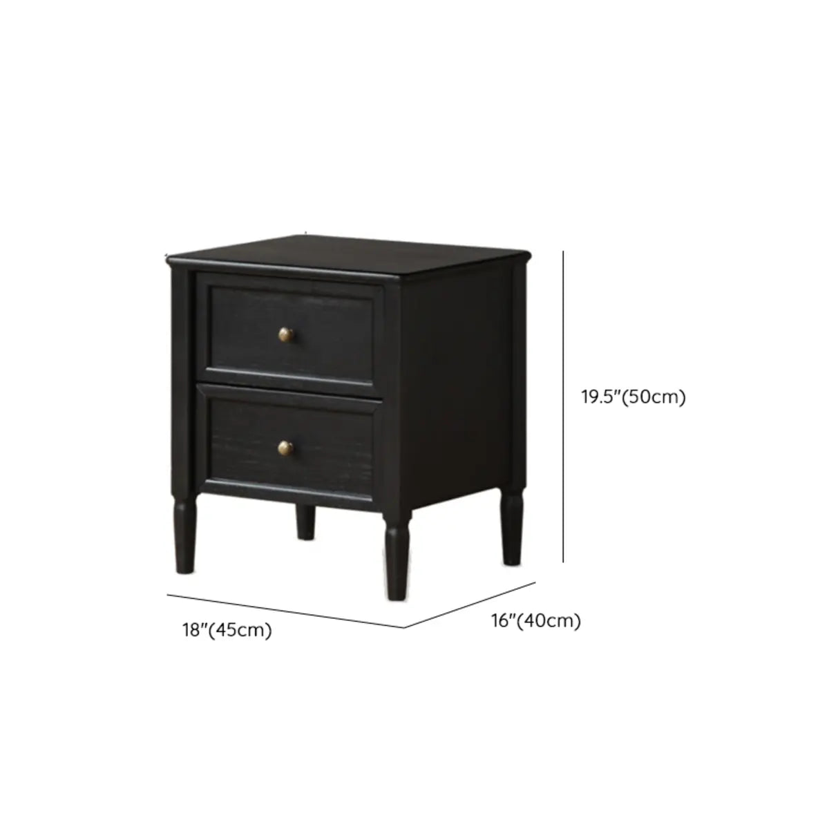 Square Oak wood Black 2-Drawer Bedside Cabinet with Legs 