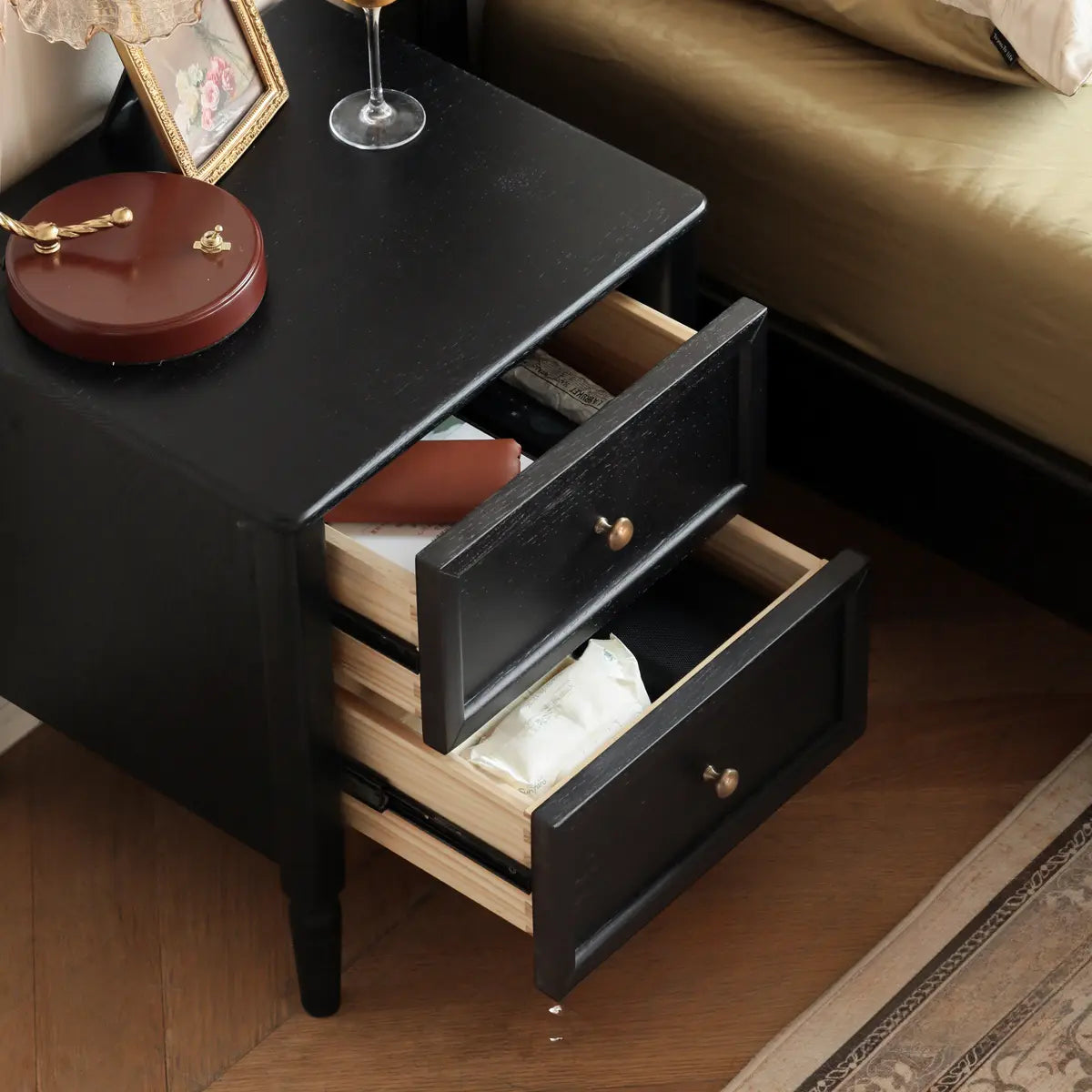 Square Oak wood Black 2-Drawer Bedside Cabinet with Legs Image - 6