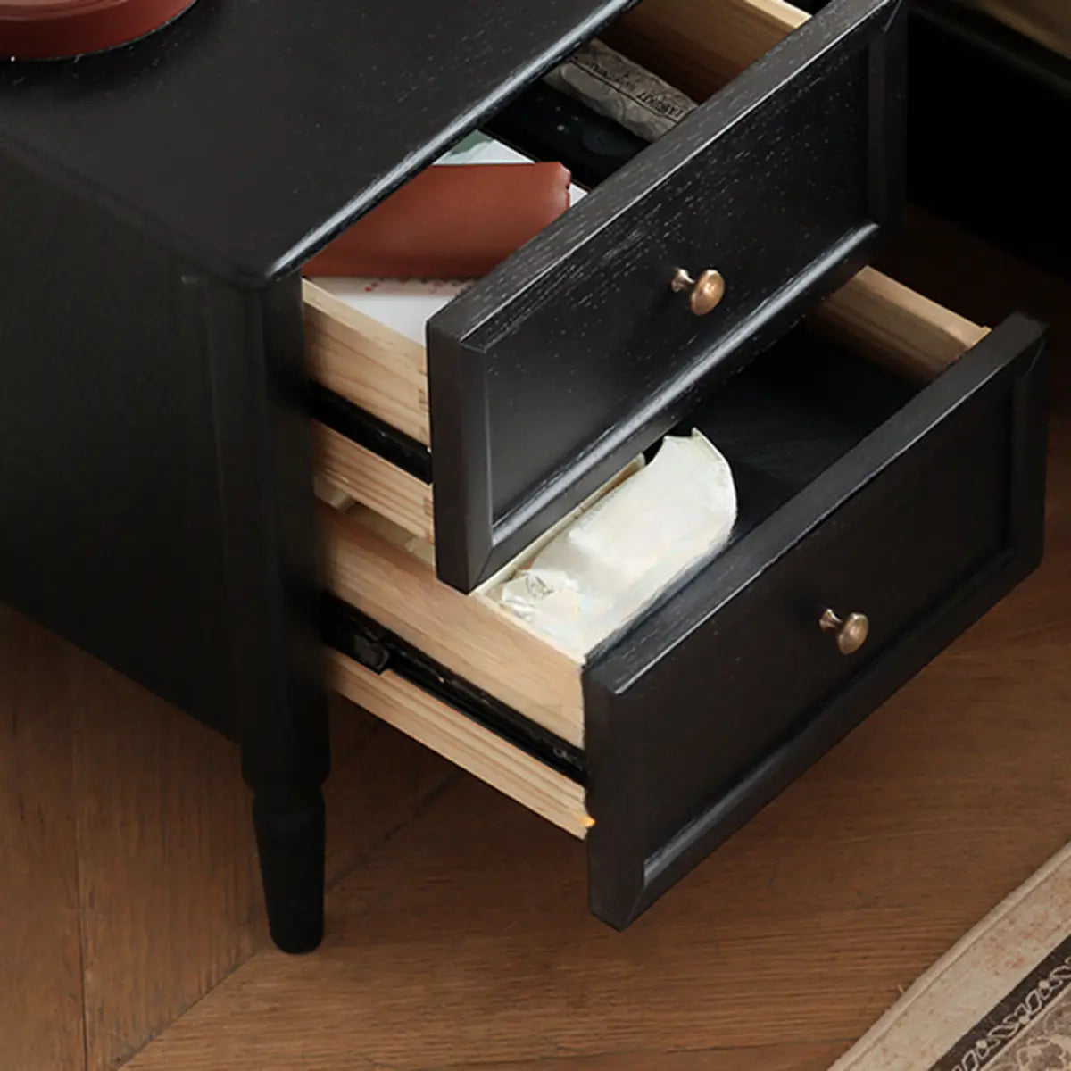 Square Oak wood Black 2-Drawer Bedside Cabinet with Legs Image - 7