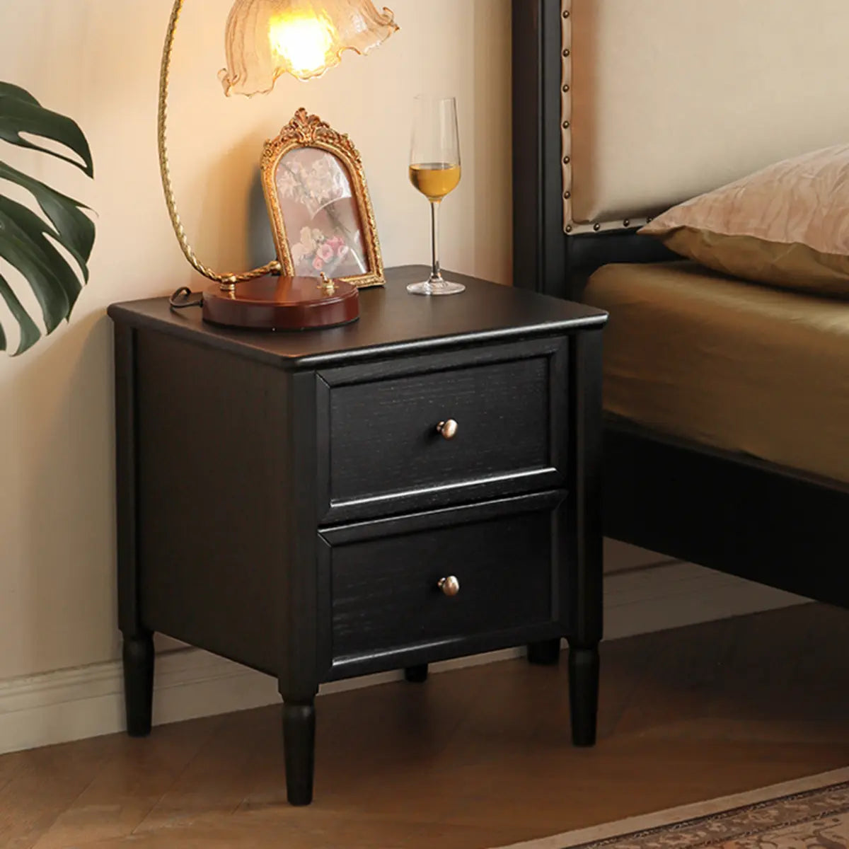 Square Oak wood Black 2-Drawer Bedside Cabinet with Legs Image - 8