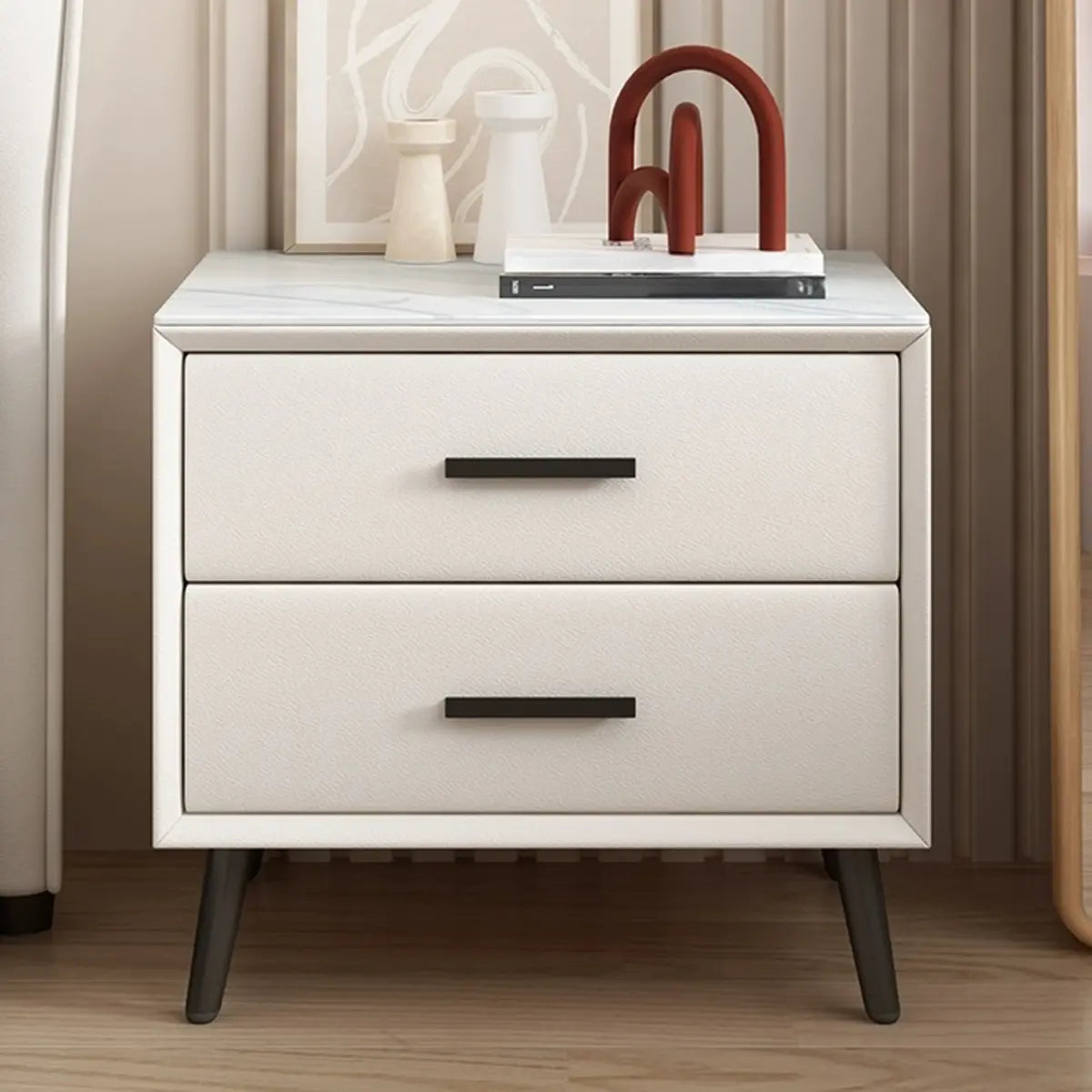 Square Off-White 2 Drawers Storage Stone Nightstand Image - 1