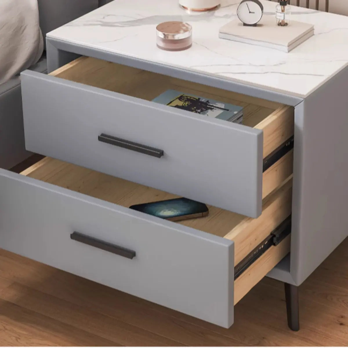 Square Off-White 2 Drawers Storage Stone Nightstand Image - 12