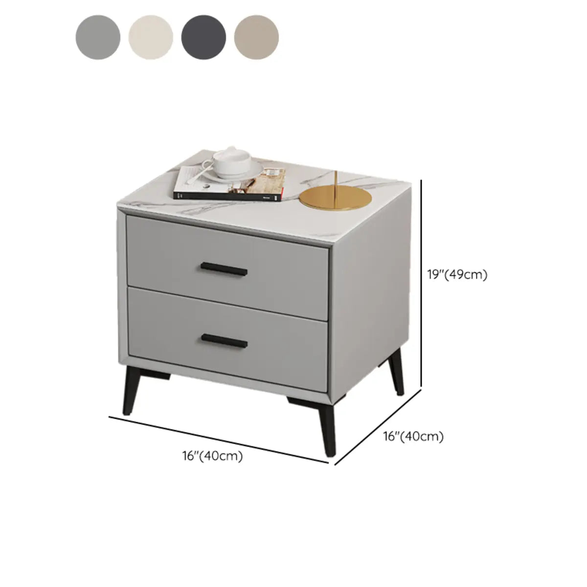 Square Off-White 2 Drawers Storage Stone Nightstand 