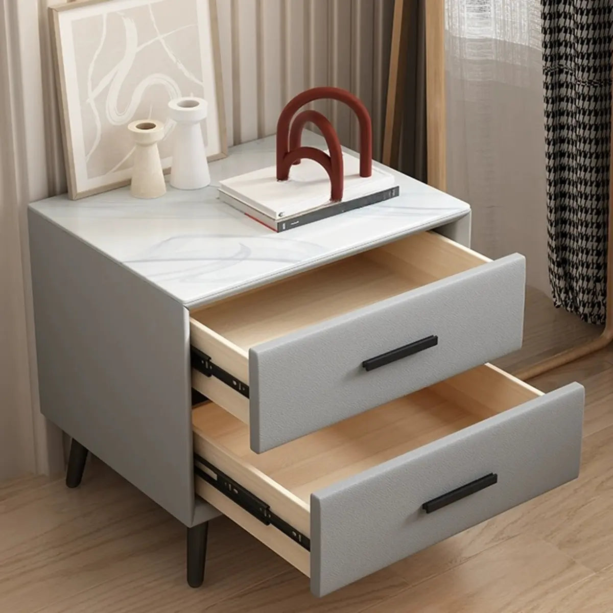 Square Off-White 2 Drawers Storage Stone Nightstand Image - 4