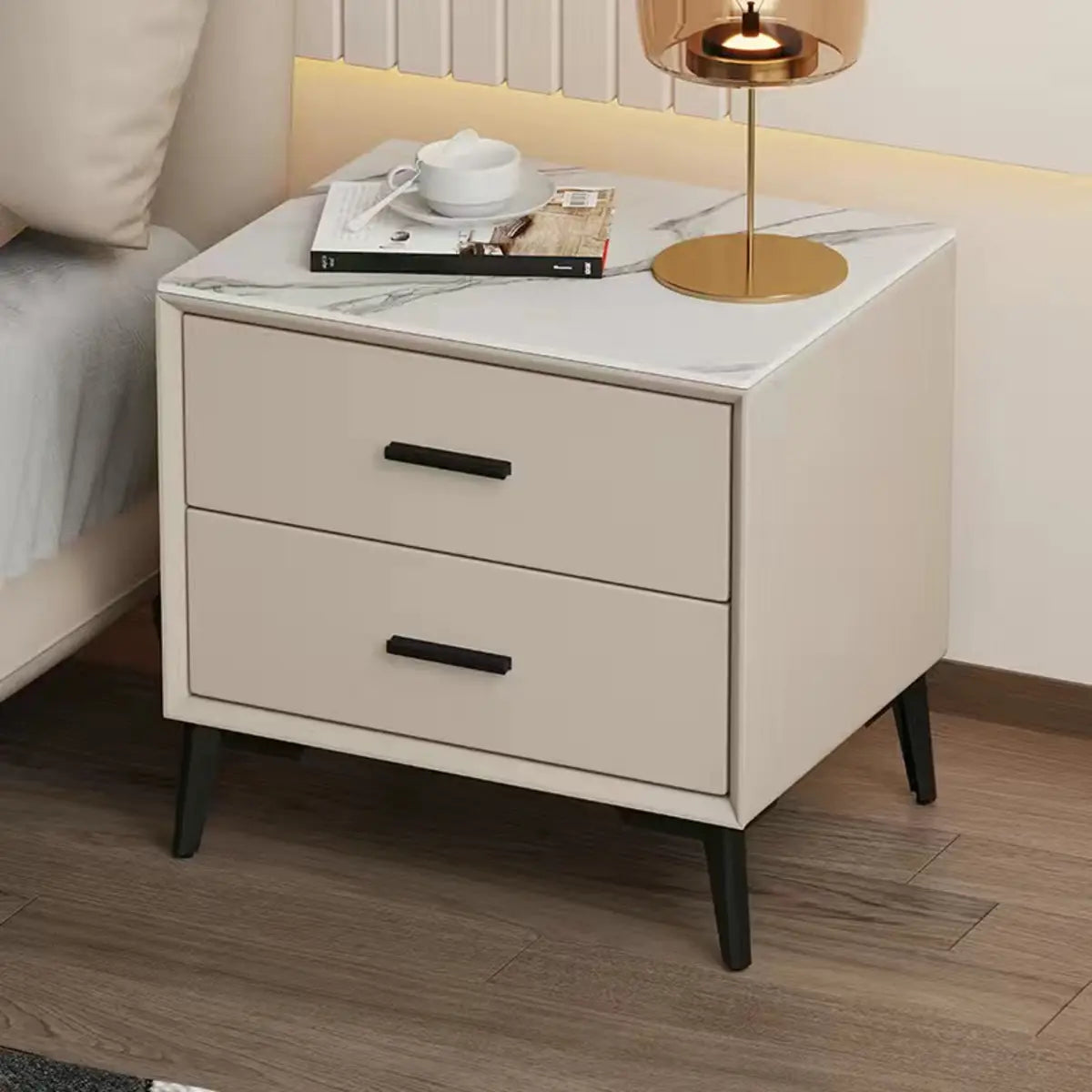 Square Off-White 2 Drawers Storage Stone Nightstand Image - 7