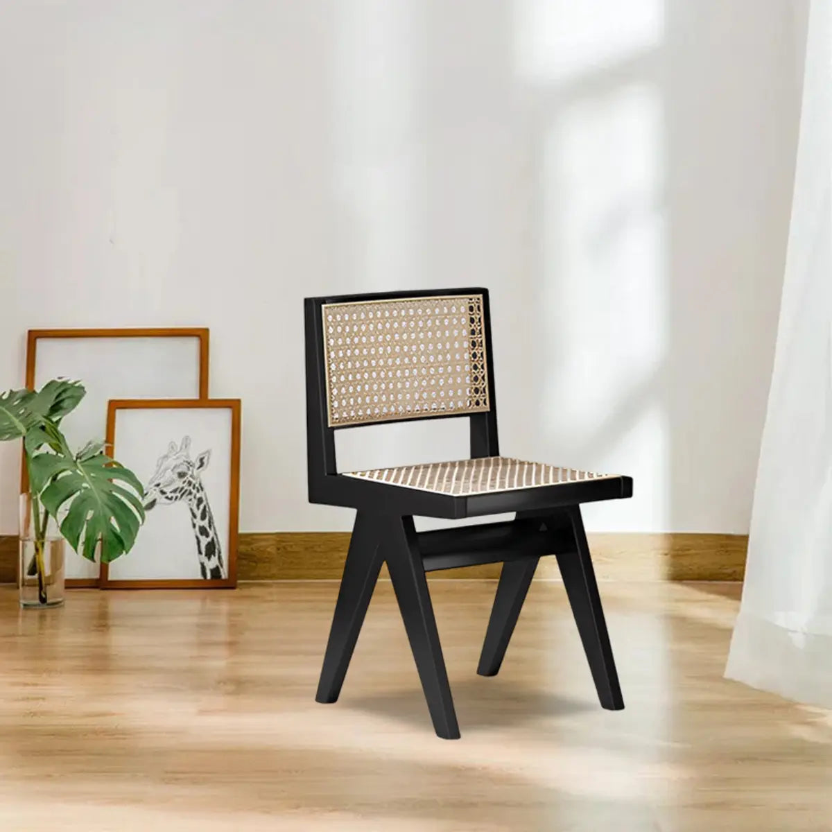 Square Rattan Open Wood Armless Dining Chair Black Image - 1