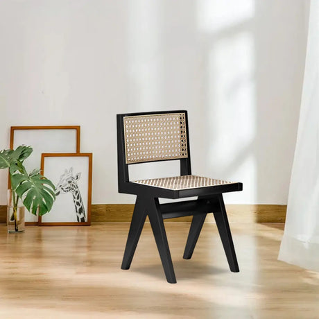 Square Rattan Open Wood Armless Dining Chair Black Image - 1