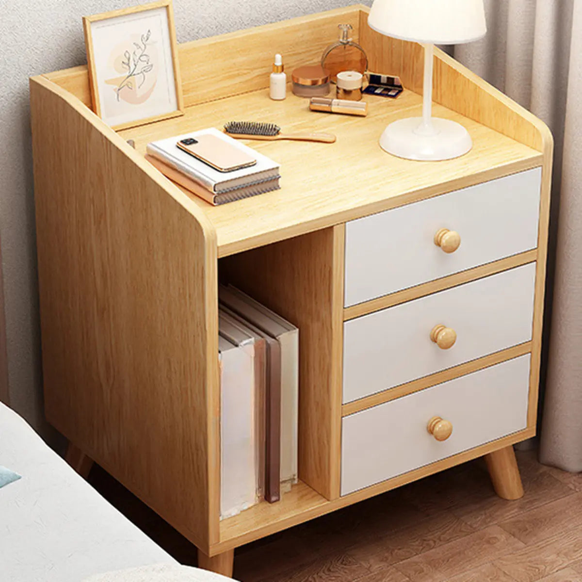 Square Shelves Warm White Wood Drawer Storage Nightstand Image - 10