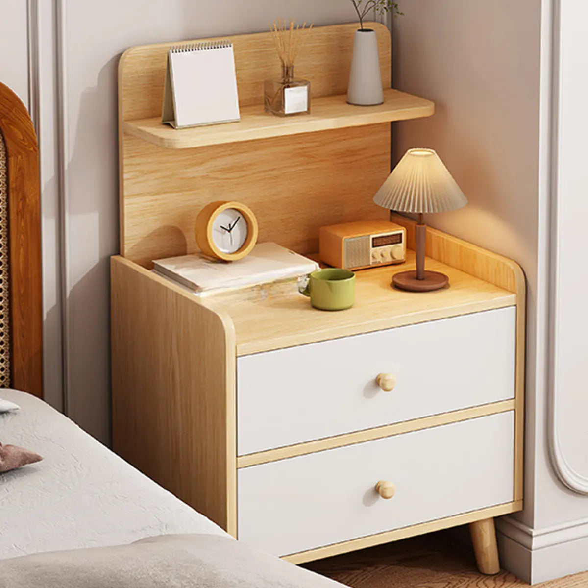 Square Shelves Warm White Wood Drawer Storage Nightstand Image - 11