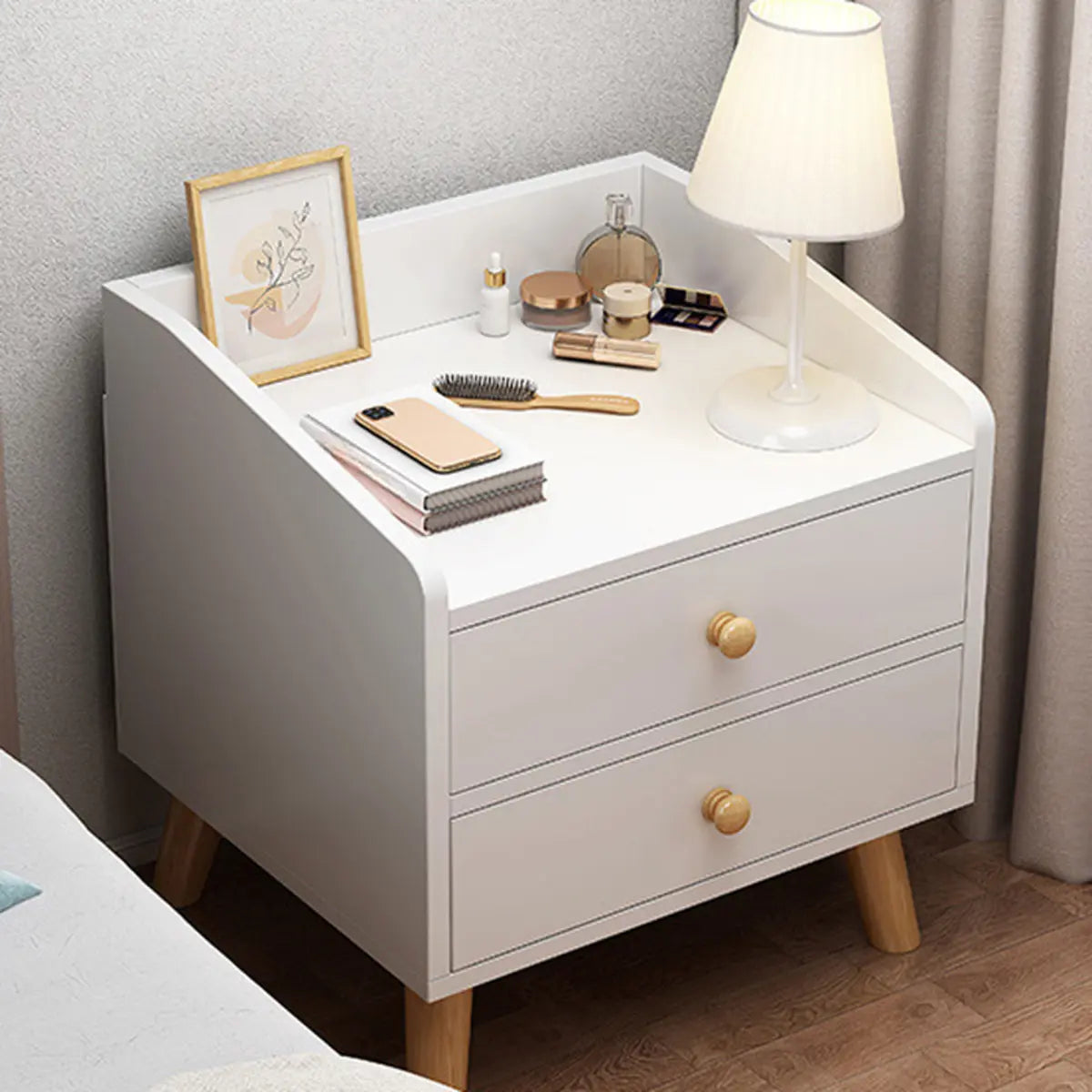 Square Shelves Warm White Wood Drawer Storage Nightstand Image - 2