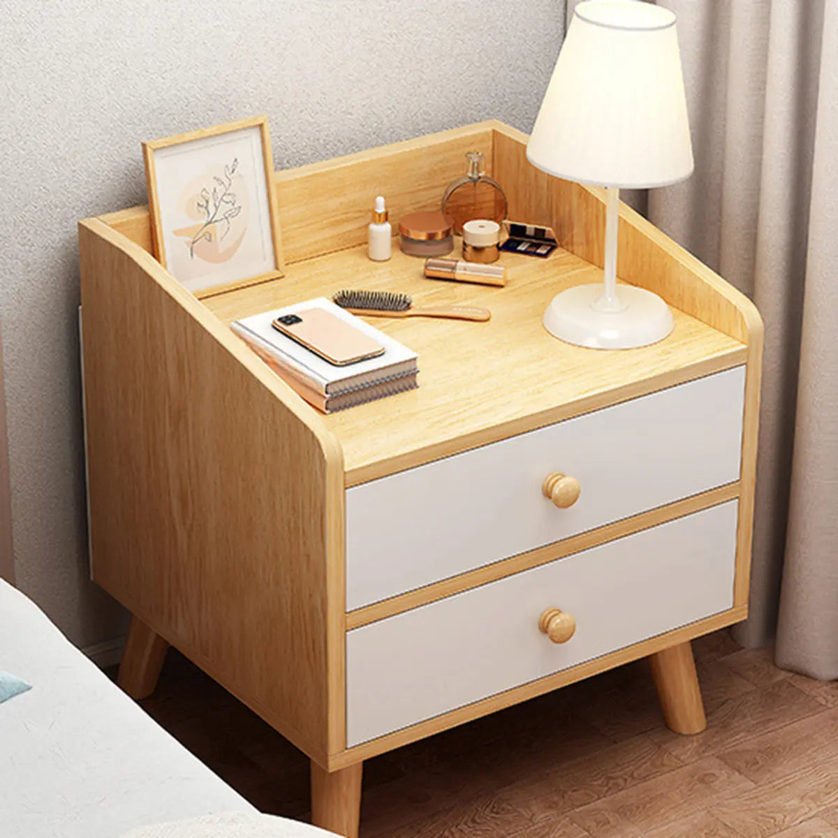 Square Shelves Warm White Wood Drawer Storage Nightstand Image - 5