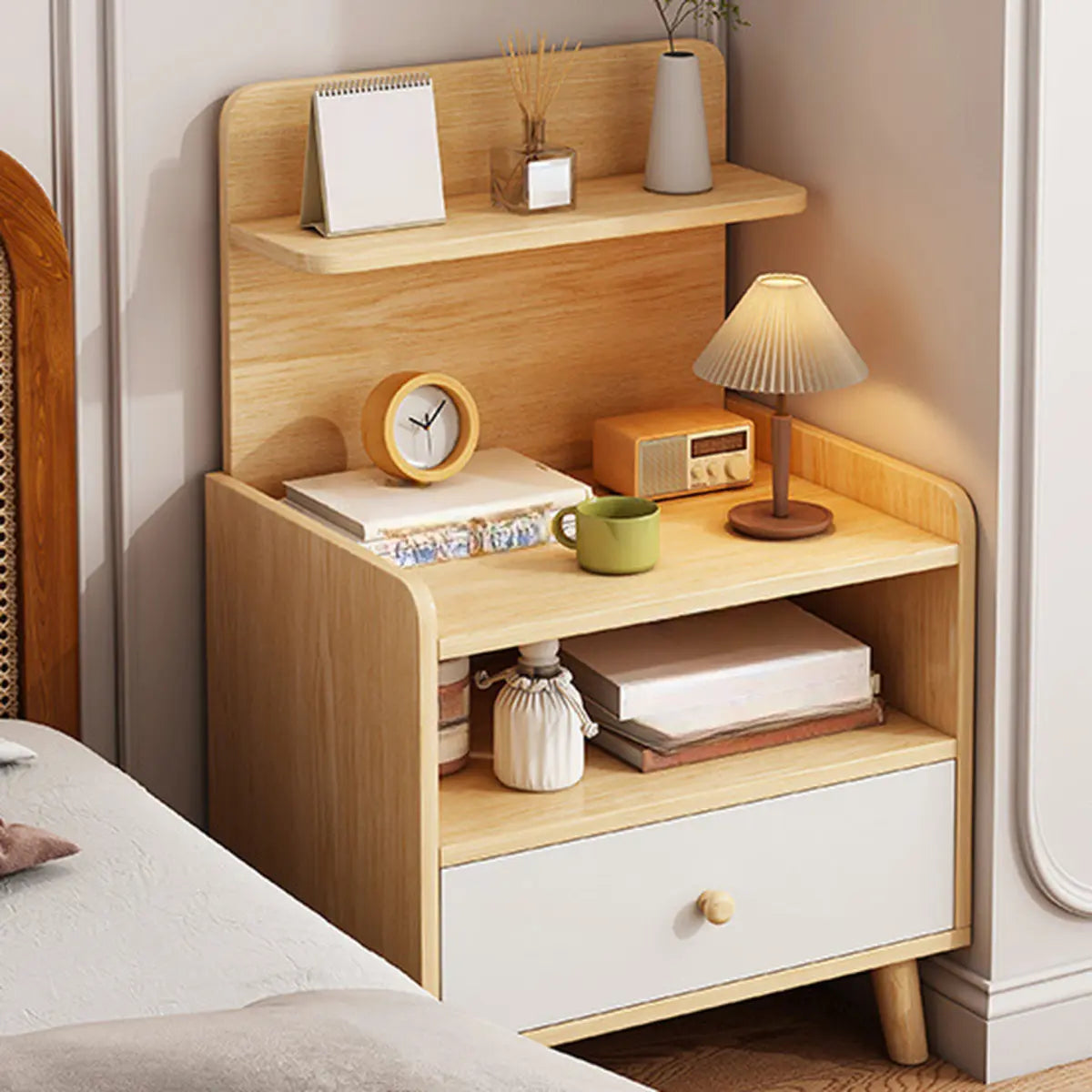 Square Shelves Warm White Wood Drawer Storage Nightstand Image - 9