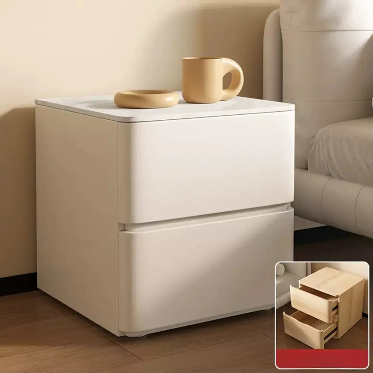 Square Sintered Stone Drawers White Bedside Cabinet Image - 2