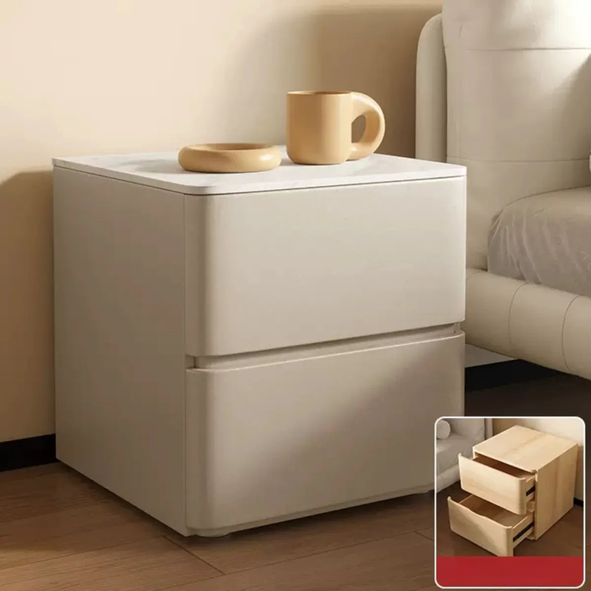 Square Sintered Stone Drawers White Bedside Cabinet Image - 3