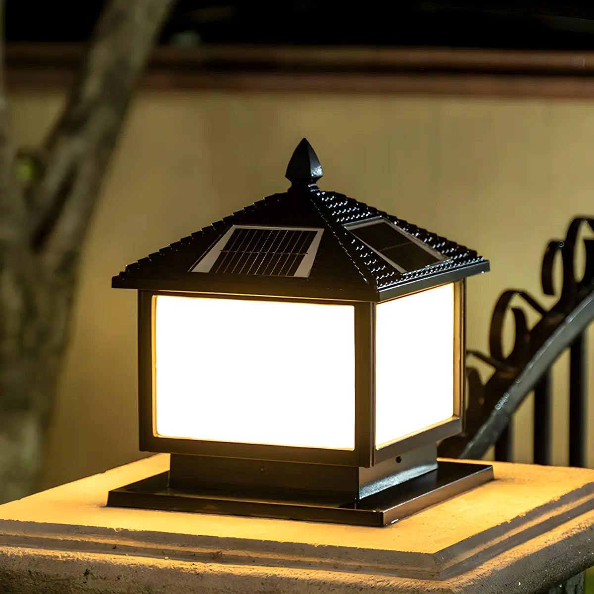 Square Solar Outdoor Lantern Black Patio Post Light Image - 11