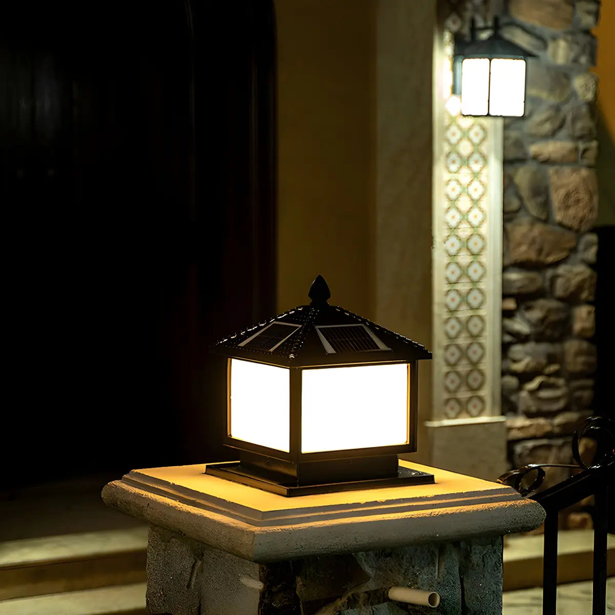 Square Solar Outdoor Lantern Black Patio Post Light Image - 14