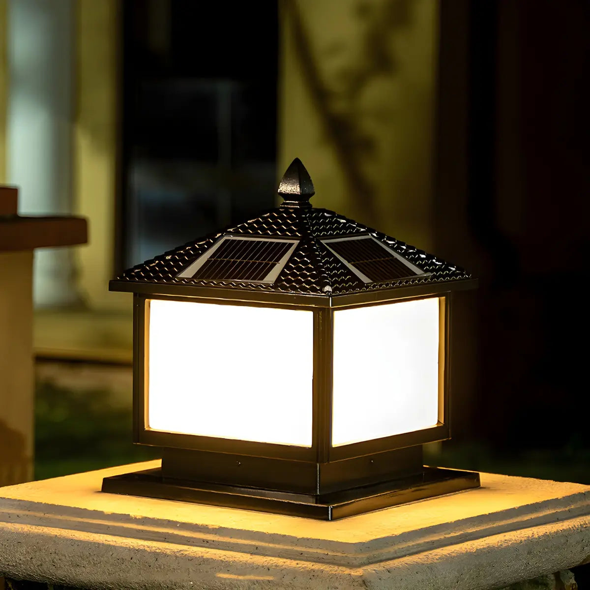 Square Solar Outdoor Lantern Black Patio Post Light Image - 4