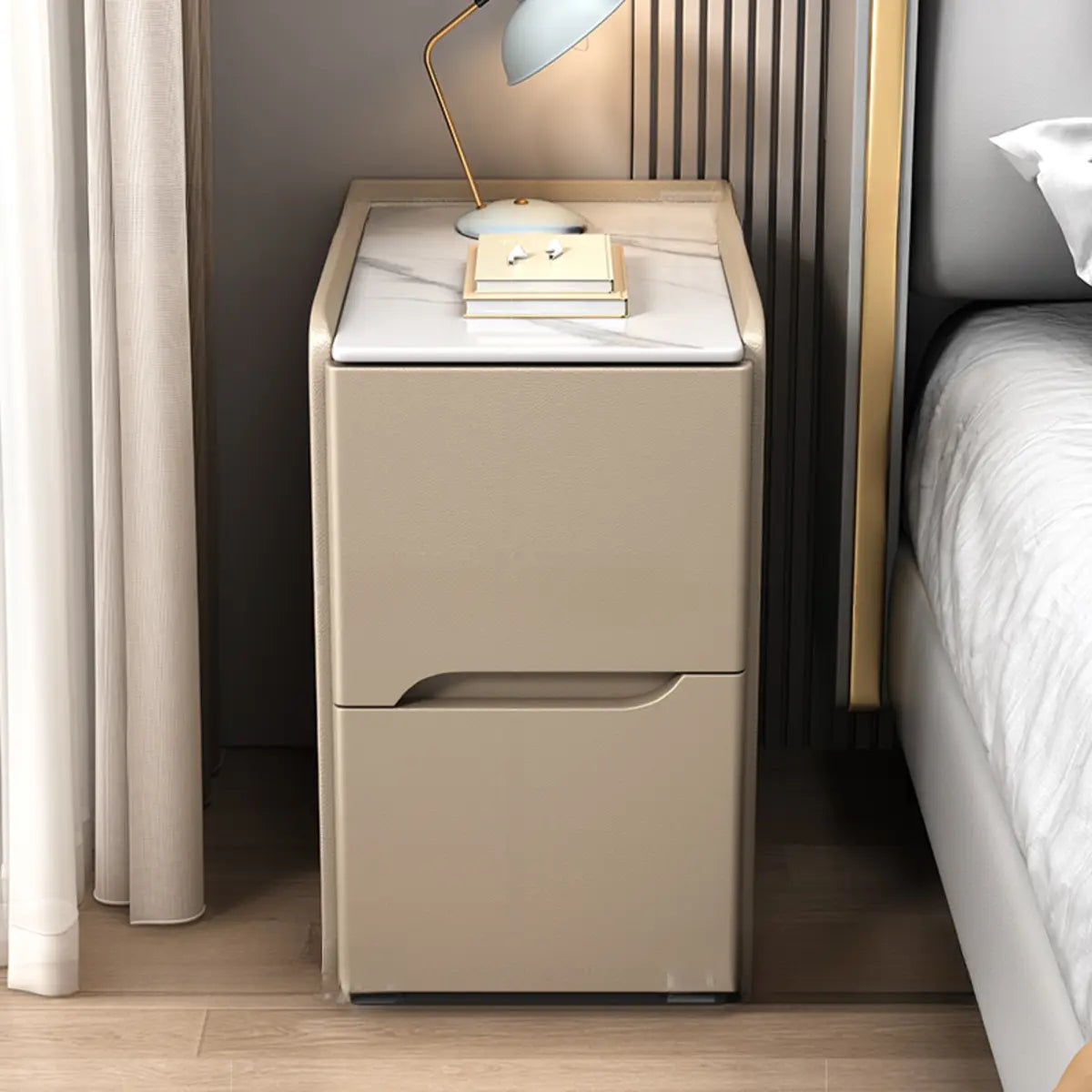 Square Stone and Wood Grey Drawers Bedside Cabinet Image - 5