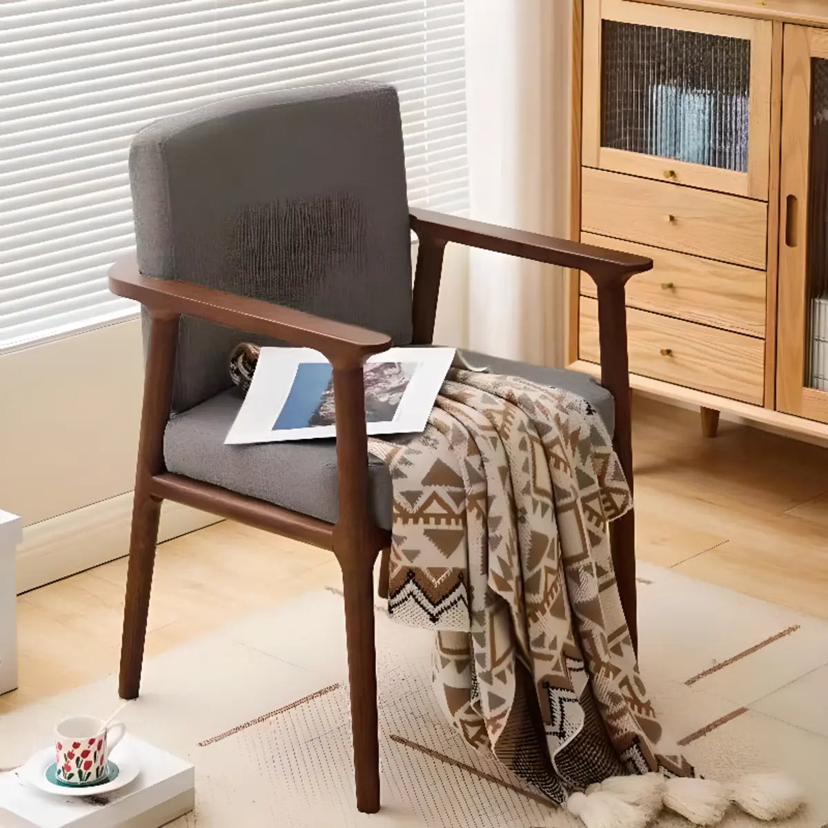 Square Upholstered Backrest Arm Wood Dining Chair Beige Image - 4