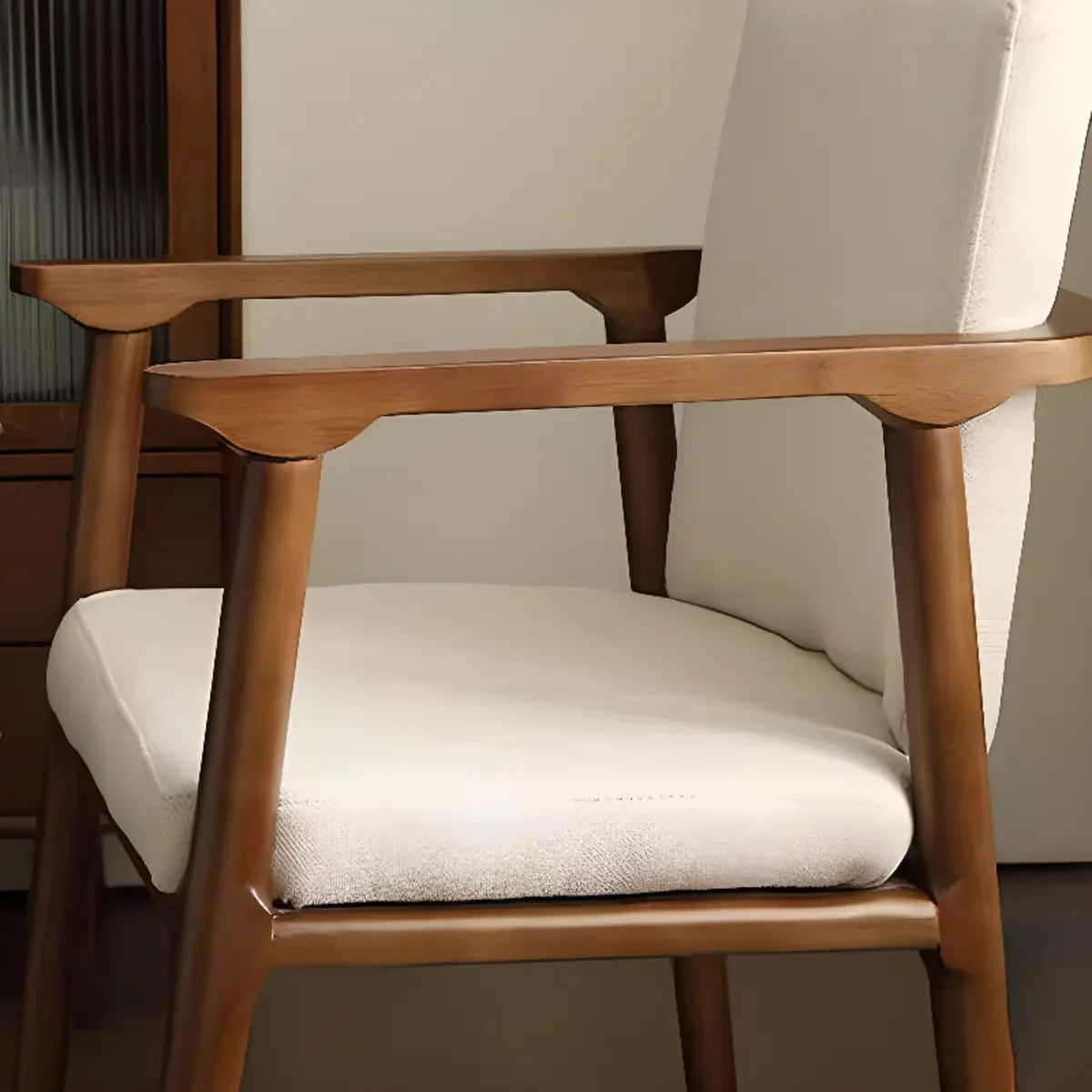 Square Upholstered Backrest Arm Wood Dining Chair Beige Image - 9