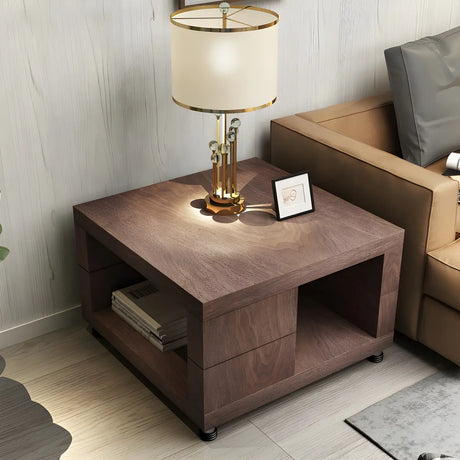 Square Walnut Wood Double Tier Side Table with Shelf Image - 1