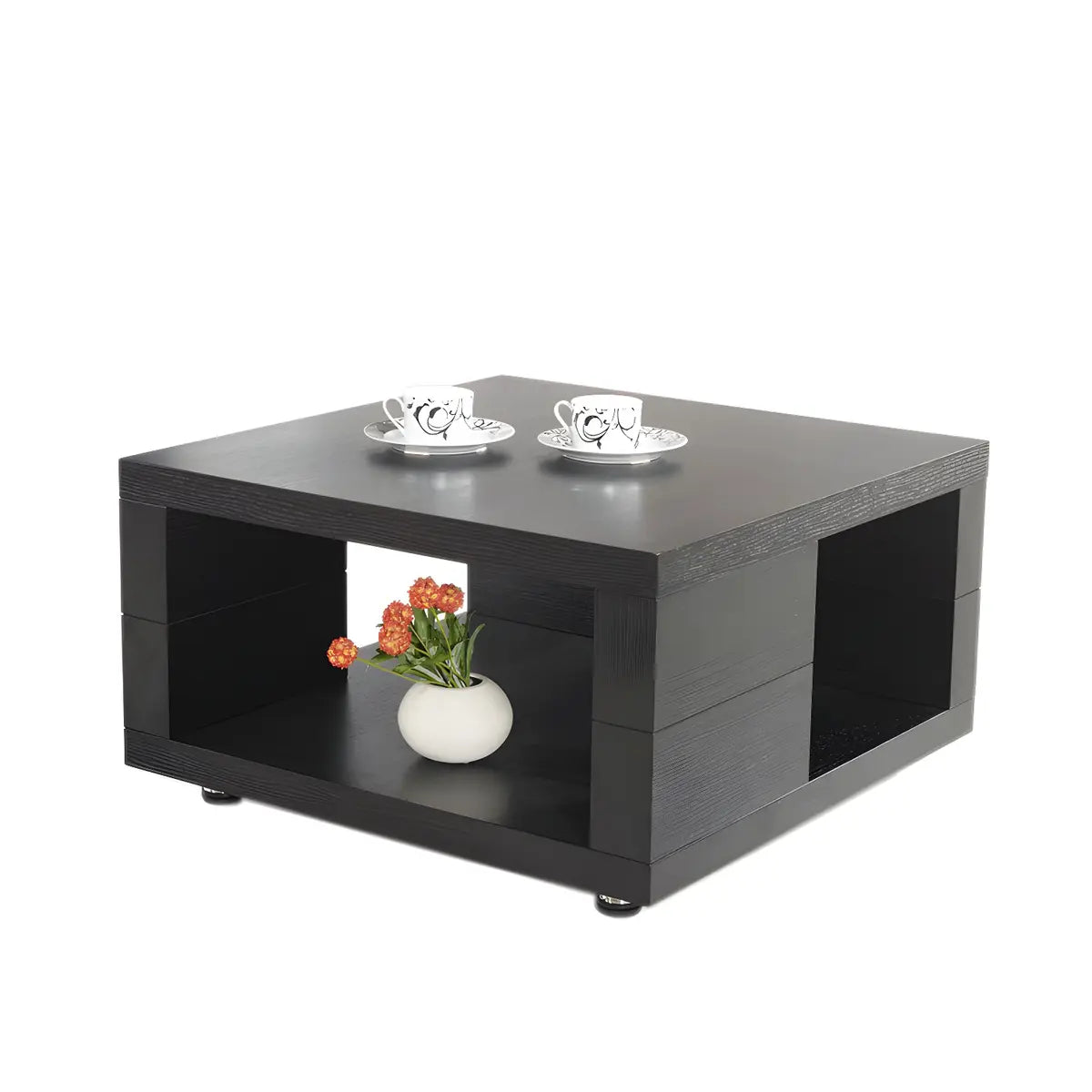 Square Walnut Wood Double Tier Side Table with Shelf Image - 5